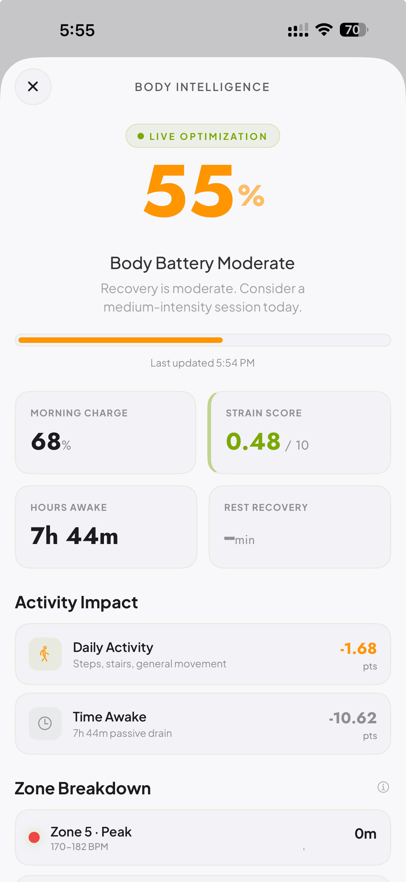 Body Battery — real-time readiness score with recovery breakdown
